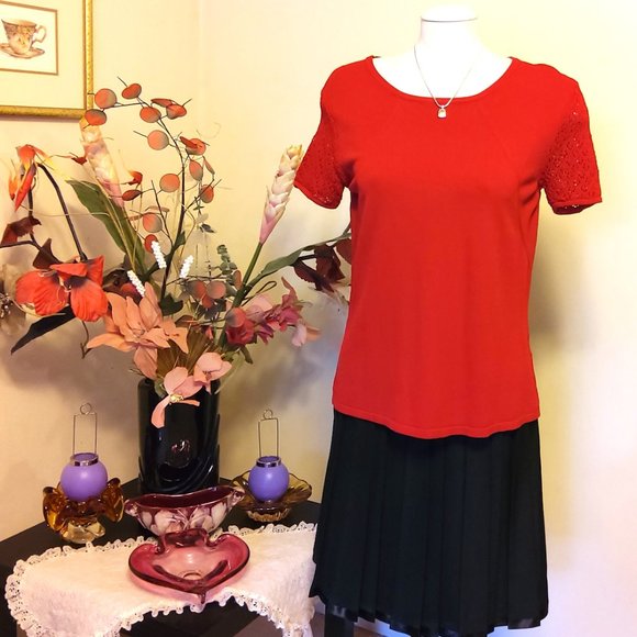 NWT Women’s Short Cochet Sleeve Scoop Neck Red Sweater Top Size M 8 10 - Picture 3 of 4